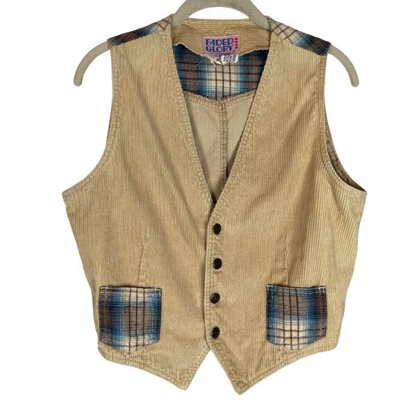 Vintage Faded Glory tan corduroy vest plaid accents - Picture 1 of 7